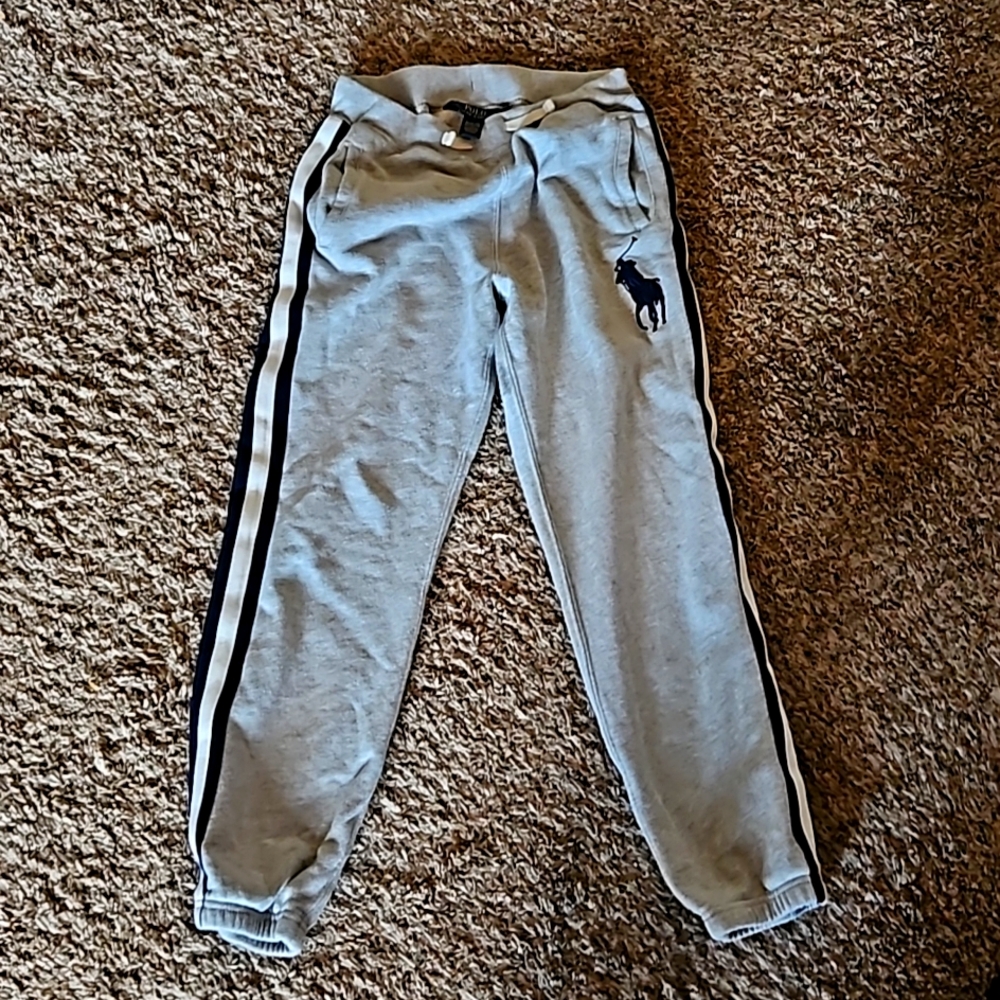 Boys Ralph Lauren Size 10-12 (M) Gray sweatpants with Blue and White stripe